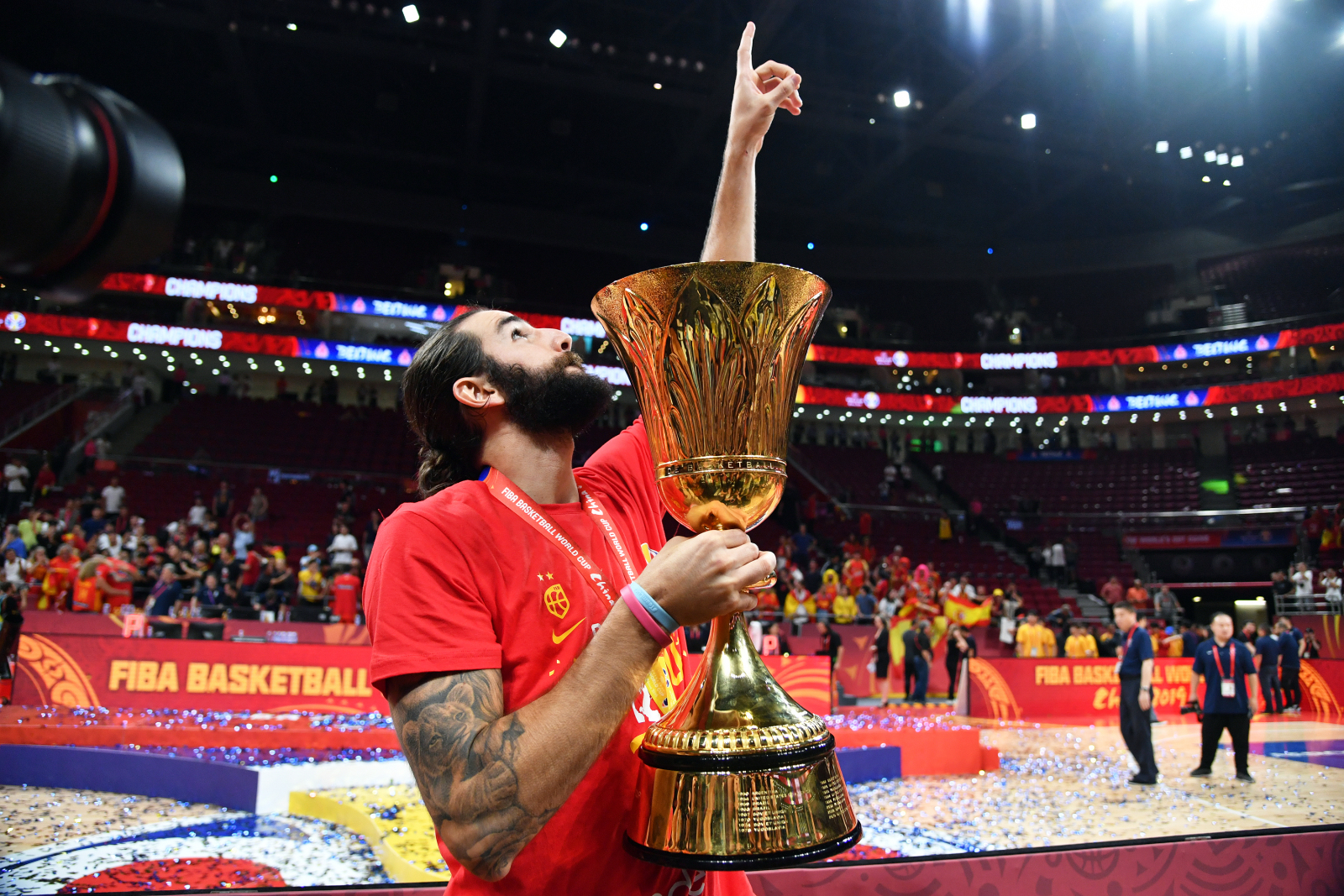 BEIJING, CHINA - SEPTEMBER 15: Ricky Rubio #9 of Team Spain celebrates after the game against Team Argentina during the 2019 FIBA World Cup Finals at the Cadillac Arena on September 15, 2019 in Beijing, China.  NOTE TO USER: User expressly acknowledges and agrees that, by downloading and/or using this Photograph, user is consenting to the terms and conditions of the Getty Images License Agreement. Mandatory Copyright Notice: Copyright 2019 NBAE (Photo by Jesse D. Garrabrant/NBAE via Getty Images)